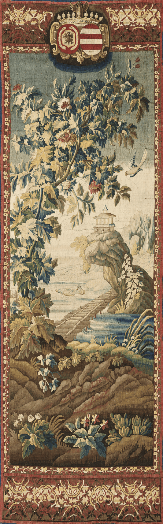 Exquisite Verdure Tapestry with Noble Crest and Exotic Pagoda: A 17th-Century Masterwork of Nature and Elegance RE888217