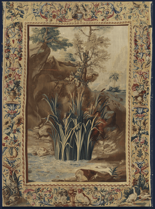 17th Century Serene Wilderness: Exquisite Nature Scene Tapestry with Floral and Fauna Border RE183824