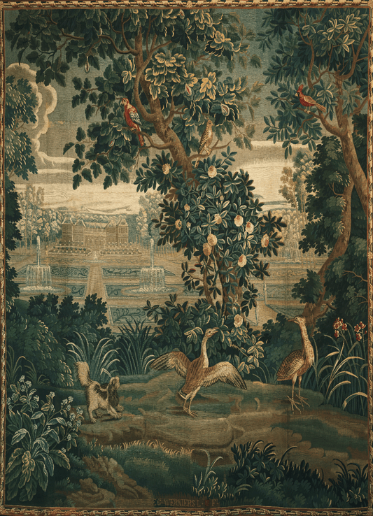 This tapestry is a verdure tapestry, which typically depicts lush green landscapes and foliage. The central focus of this piece is a large tree with dense, green leaves and yellowish flowers, possibly indicating a spring or summer season. There are three birds perched on its branches; their vibrant plumage suggests they may be game birds or exotic species, adding a decorative element to the scene.
