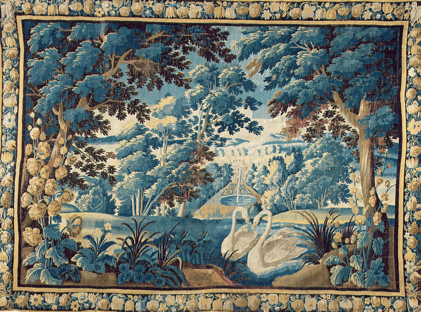 17th-Century Verdure Tapestry: Bucolic Landscape with Swans and Lush Foliage - A Masterpiece of Natural Serenity and Artistry RE493731