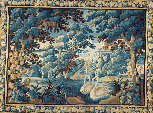 17th-Century Verdure Tapestry: Bucolic Landscape with Swans and Lush Foliage - A Masterpiece of Natural Serenity and Artistry