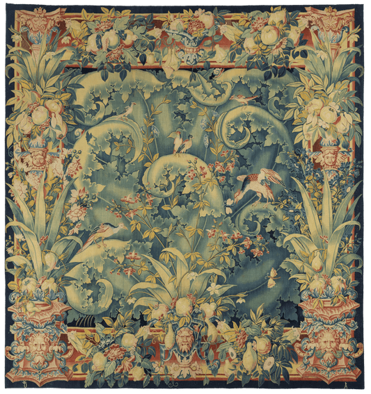 Exquisite 18th Century Large Leaf Verdure Tapestry with Intricate Floral and Bird Motifs, Ideal for Antique Home Decor RE016896