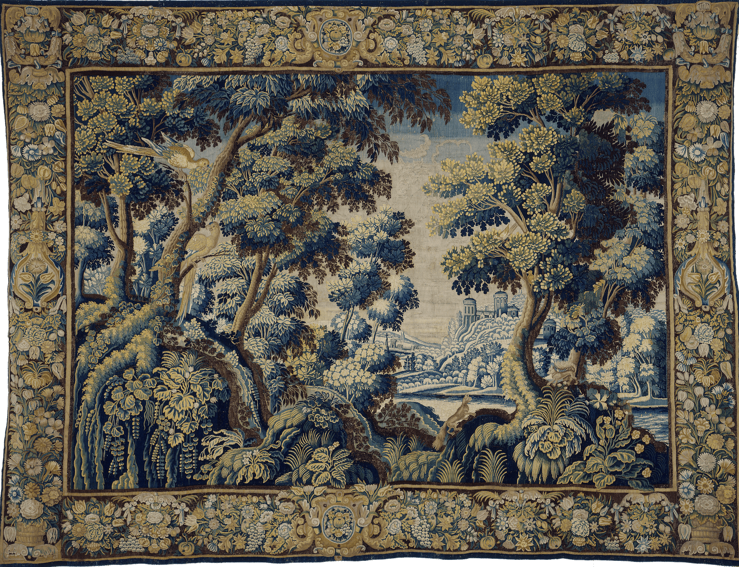 Ultimate Verdure: A Detailed Reproduction of a Late 17th Century Flemish Tapestry Featuring Exotic Birds and Verdant Forest with Architectural Ruins and Ornate Floral Border RE031100