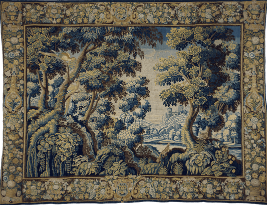 Ultimate Verdure: A Detailed Reproduction of a Late 17th Century Flemish Tapestry Featuring Exotic Birds and Verdant Forest with Architectural Ruins and Ornate Floral Border RE031100