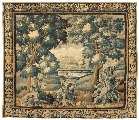 Charming 17th-Century Verdure Tapestry: Idyllic Landscape with Lush Foliage and Distant Architecture - A Masterpiece of Nature and Artistry  RE085072