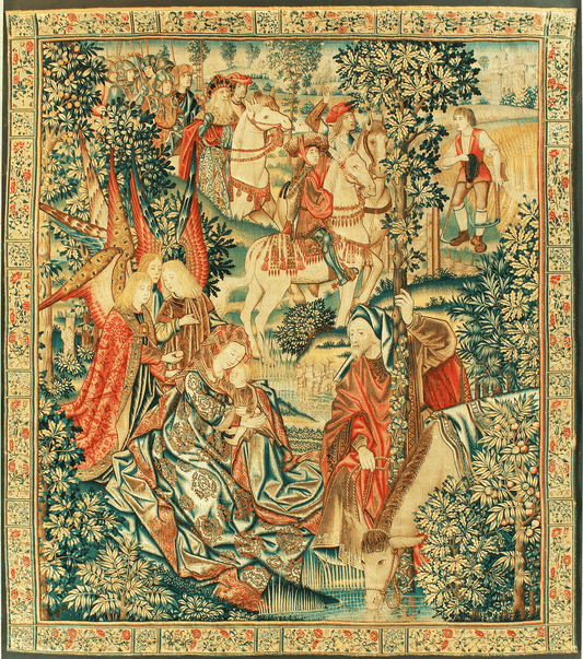 15th Century Flemish Tapestry Depicting The Flight into Egypt with Richly Detailed Biblical Scene and Ornamental Border RE167719