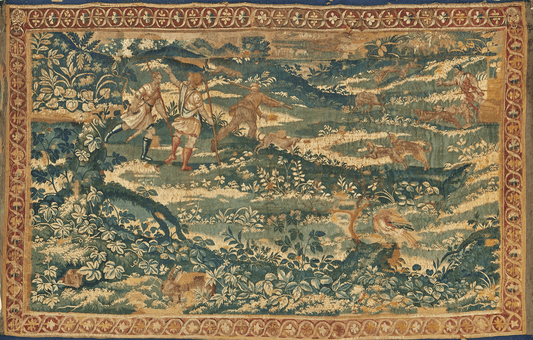 Hunting Expedition: A Detailed Reproduction of a Late 17th Century Flemish Tapestry Depicting Hunters and Hounds in a Verdant Landscape with Ornate Floral Border RE170829