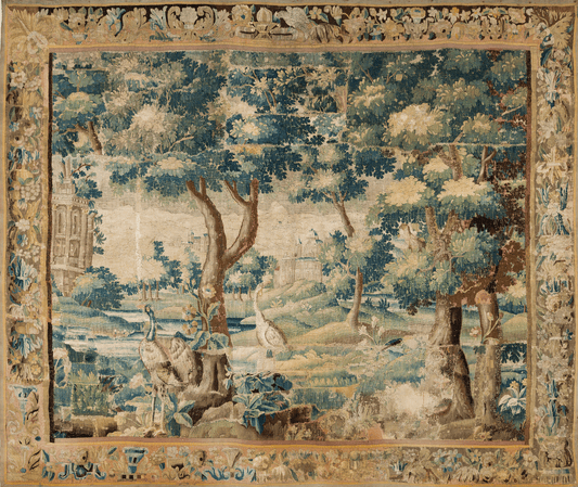 Exquisite 17th-Century Verdure Tapestry: Serene Woodland Scene with Exotic Birds and Verdant Landscape - A Masterpiece of Nature-Inspired Artistry RE174758