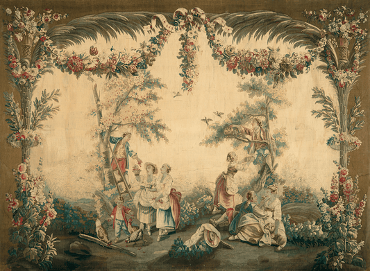 Pastoral Delight: A Reproduction of an 18th Century French Aubusson Tapestry Featuring a Bucolic Scene with Floral Garlands and Playful Figures, Circa 1750 RE245752