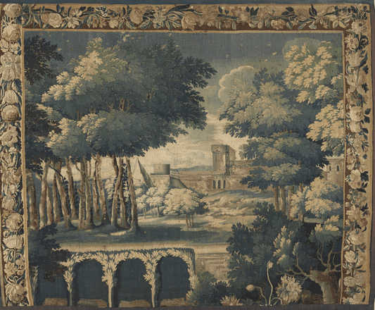 This tapestry showcases a picturesque landscape that seems to echo the serene beauty of a bygone era. Majestic trees with lush, varied shades of green stand tall against a backdrop of a tranquil countryside, where a distant fortress sits on the horizon, suggesting tales of medieval grandeur. The foreground features a stately aqueduct, its arches reflected in the still water below, adding to the scene's depth and historical allure. 