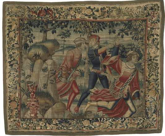 Medieval Encounter: A Detailed Reproduction of a 15th Century Flemish Tapestry Featuring a Medieval Scene with Intricate Floral Border RE296124