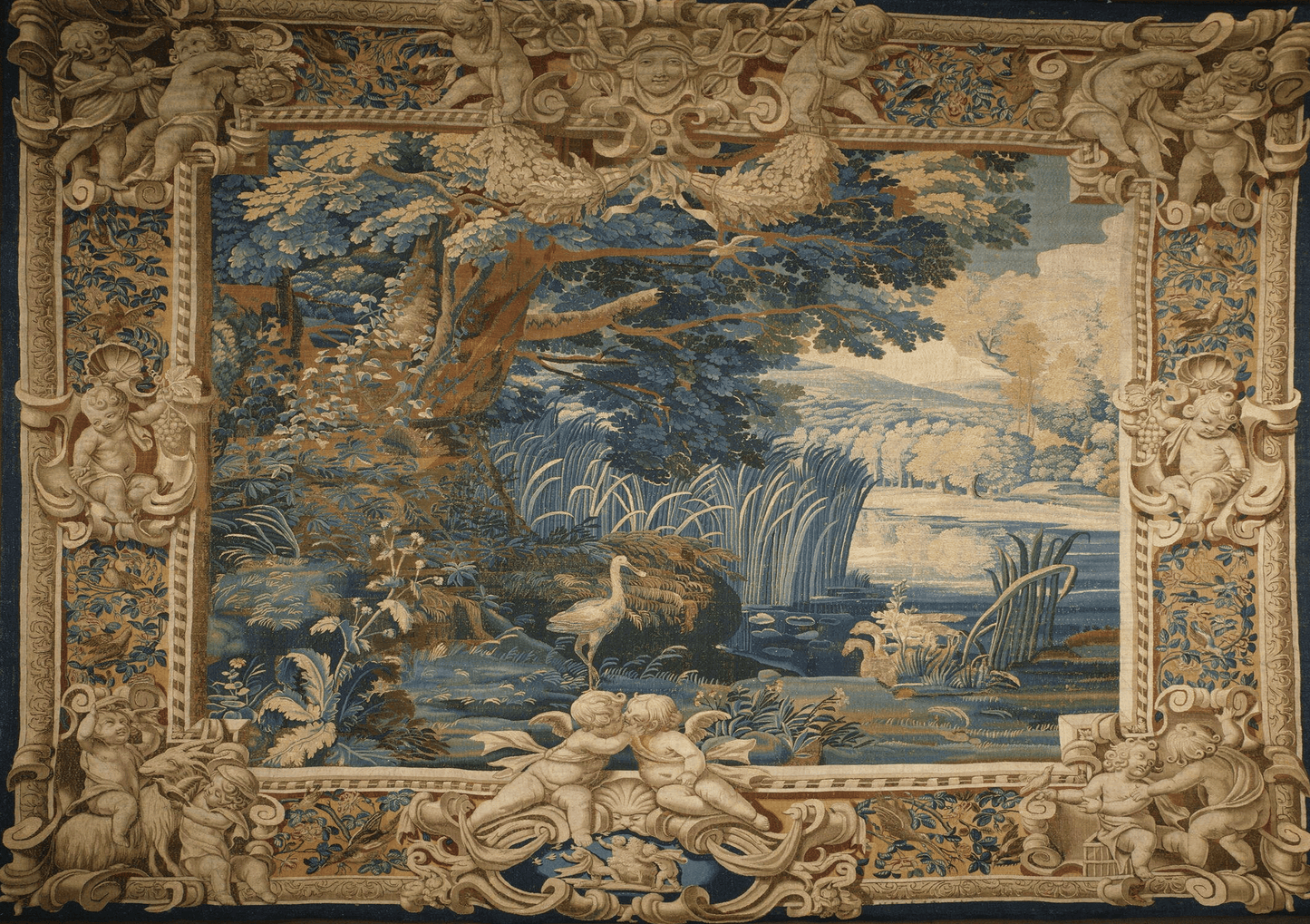 17th-Century Flemish Verdure Tapestry: Serene Landscape with Exotic Birds and Ornate Cherub Border - A Celebration of Nature and Artistic Mastery RE323860