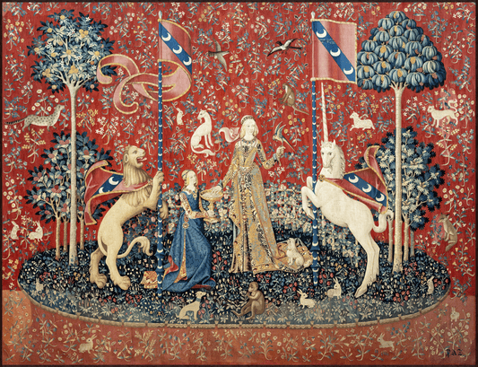 A True Renaissances: Medieval Tapestry Reproduction Fabric Print or Woven Tapestry Option  Lady and the Unicorn "Taste" RE623687