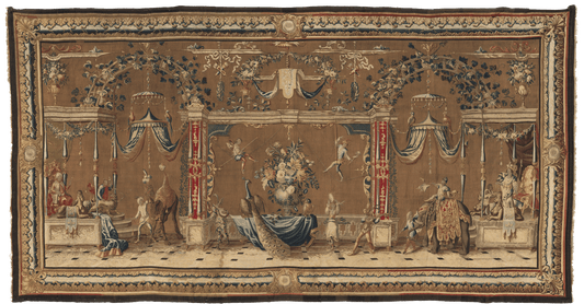 Opulent 18th-Century French Tapestry: Lavish Court Scene with Exotic Animals and Regal Figures - A Masterpiece of Aristocratic Splendor RE357235