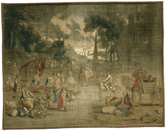 Charming 18th-Century Flemish Tapestry: Bustling Village Market Scene - A Glimpse into Rural Commerce and Daily Life RE376034