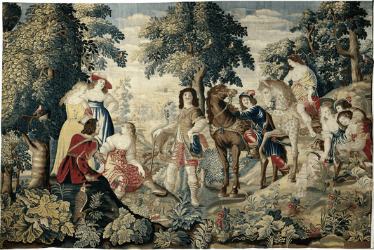 Elegant 17th-Century French Tapestry: Aristocratic Outdoor Gathering with Horses and Lavish Attire - A Celebration of Noble Leisure RE385968