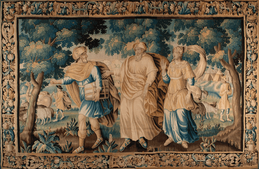 This verdure tapestry features a lush forest scene with tall trees dominating the landscape. The foliage is dense and varied, with leaves of different shades of green creating a rich texture. The trees stand tall with thick trunks and branches extending upwards and outwards, forming a dense canopy overhead. Sunlight filters through the foliage, casting dappled shadows on the forest floor. 