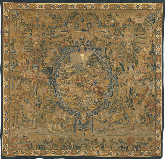 Exquisite Medieval Verdure Tapestry: Intricate Forest Scene with Mythical Creatures RE508099