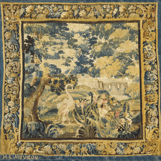 Aubusson Verdure Tapestry Pastoral Landscape Scene Intricate Tapestry Design Garden Setting Lush Foliage Elegant Flamingos Tranquil 