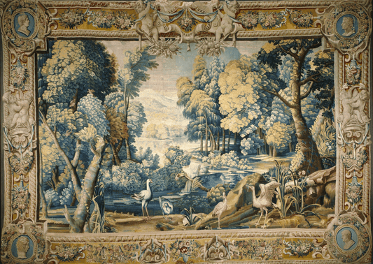  This image displays a finely detailed verdure tapestry, showcasing a tranquil scene of nature’s elegance. A variety of trees in multiple shades of green form a lush forest around a calm blue lake, reflecting the gentle sky. Elegant birds, possibly cranes or storks, wade gracefully in the water and stroll along its banks, adding a sense of life and poise to the scene. The