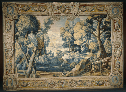 Pastoral Harmony: A Detailed Reproduction of a 17th Century Flemish Verdure Tapestry with Ornate Floral and Architectural Border Depicting a Tranquil Woodland Scene  RE559831