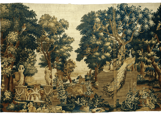 Magnificent 17th-Century Flemish Tapestry: Verdant Forest Scene with Classical Statues and Exotic Birds - A Celebration of Nature and Artistry  RE563867