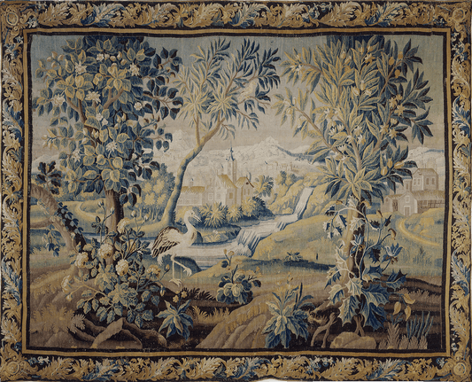 Grand Aristocratic Verdure Masterpiece A Serene 17th Century Pastoral Tapestry in Natural Cotton-Linen Canvas RE575185