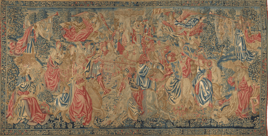 Triumphal Procession: A Detailed Reproduction of a Late 17th Century Flemish Historical Tapestry Depicting a Grand Procession Scene with Regal Figures, Musical Heralds, and Lush Floral Borders RE578032