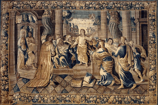 Jesus Among the Doctors: A 17th Century Flemish Tapestry Depicting the Young Christ in the Temple RE740952