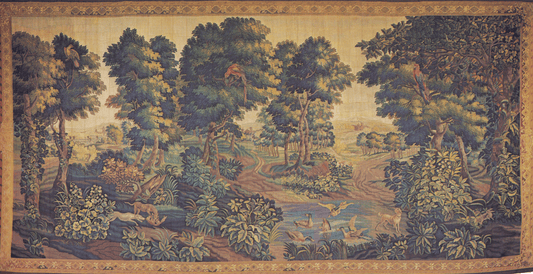 This image displays a verdure tapestry, a classic art form renowned for its intricate depiction of natural scenery. A lush, verdant landscape unfolds, teeming with a rich array of flora and fauna, all exquisitely detailed against the pastoral backdrop. Majestic trees anchor the composition, their canopies depicted in varying shades of green, suggesting depth and diversity in the foliage.