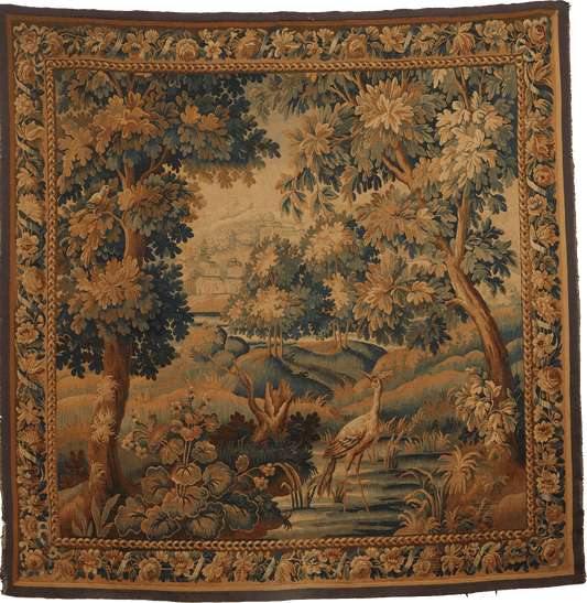 18th Century Verdure Tapestry with Woodland Scene and Crane Motif, Detailed Floral Border RE801364