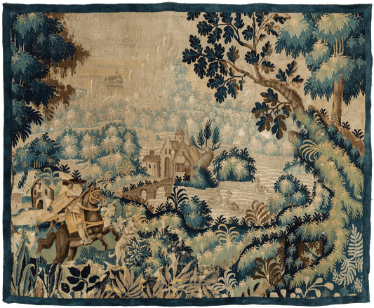 17th-Century Verdure Tapestry: Bucolic Countryside with Riders and Serene River - A Masterpiece of Pastoral Elegance and Natural Beauty RE803988