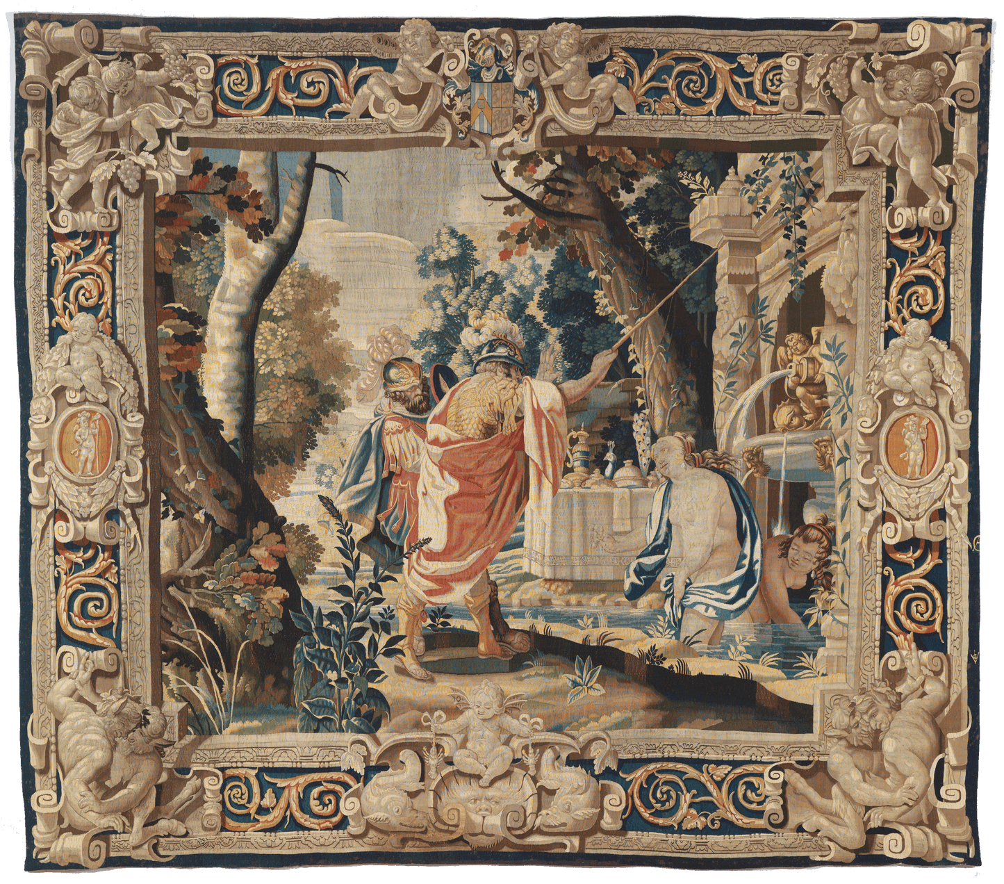 Splendid 17th-Century Flemish Tapestry: Mythological Bathing Scene with Lavish Architectural Border - A Masterpiece of Classical Elegance and Craftsmanship  RE821800