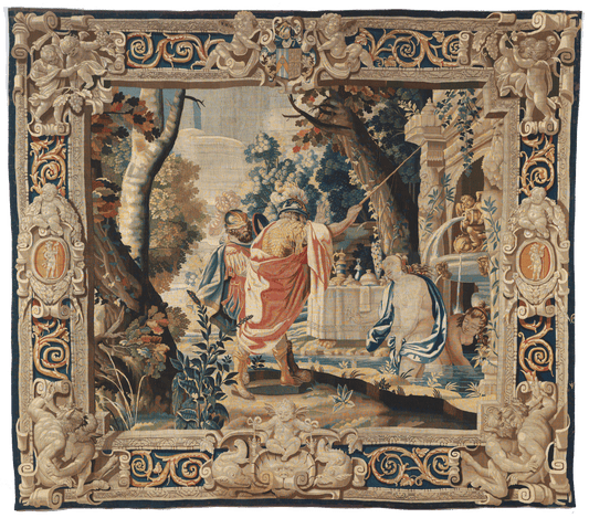 Splendid 17th-Century Flemish Tapestry: Mythological Bathing Scene with Lavish Architectural Border - A Masterpiece of Classical Elegance and Craftsmanship  RE821800