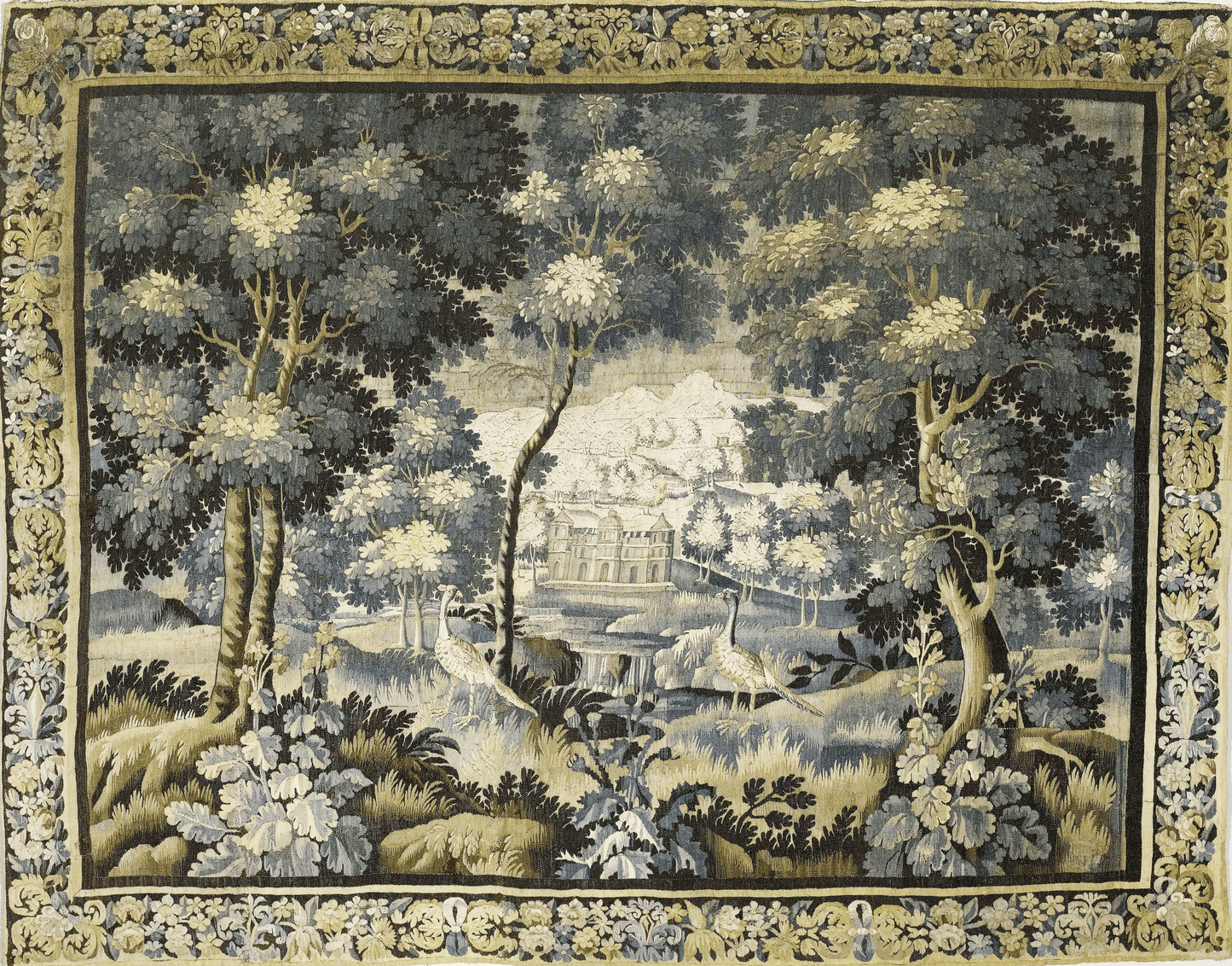 Pastoral Elegance: Classical Verdure Tapestry Woven or Fabric Print Option with Chateau and Peacock RE959591
