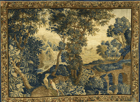 This tapestry depicts a lush, verdant landscape, where a variety of trees with detailed foliage dominate the scene, creating a rich canopy over a gentle river that flows beneath an arched stone bridge. In the foreground, a brightly colored bird perches gracefully by the water's edge, adding a vivid contrast to the greenery. The intricate border surrounding the central image is ornate with floral and faunal motifs, complementing the natural setting. 