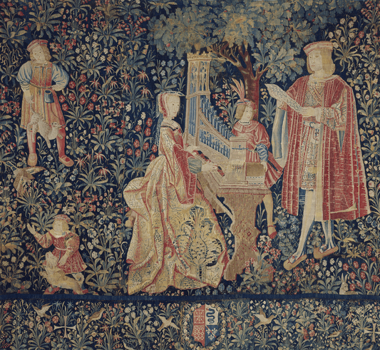 Enchanted Harmonies: A Flemish Verdure Tapestry Depicting Noble Musicians in a Lush Pastoral Landscape, Circa 1500 RE975558