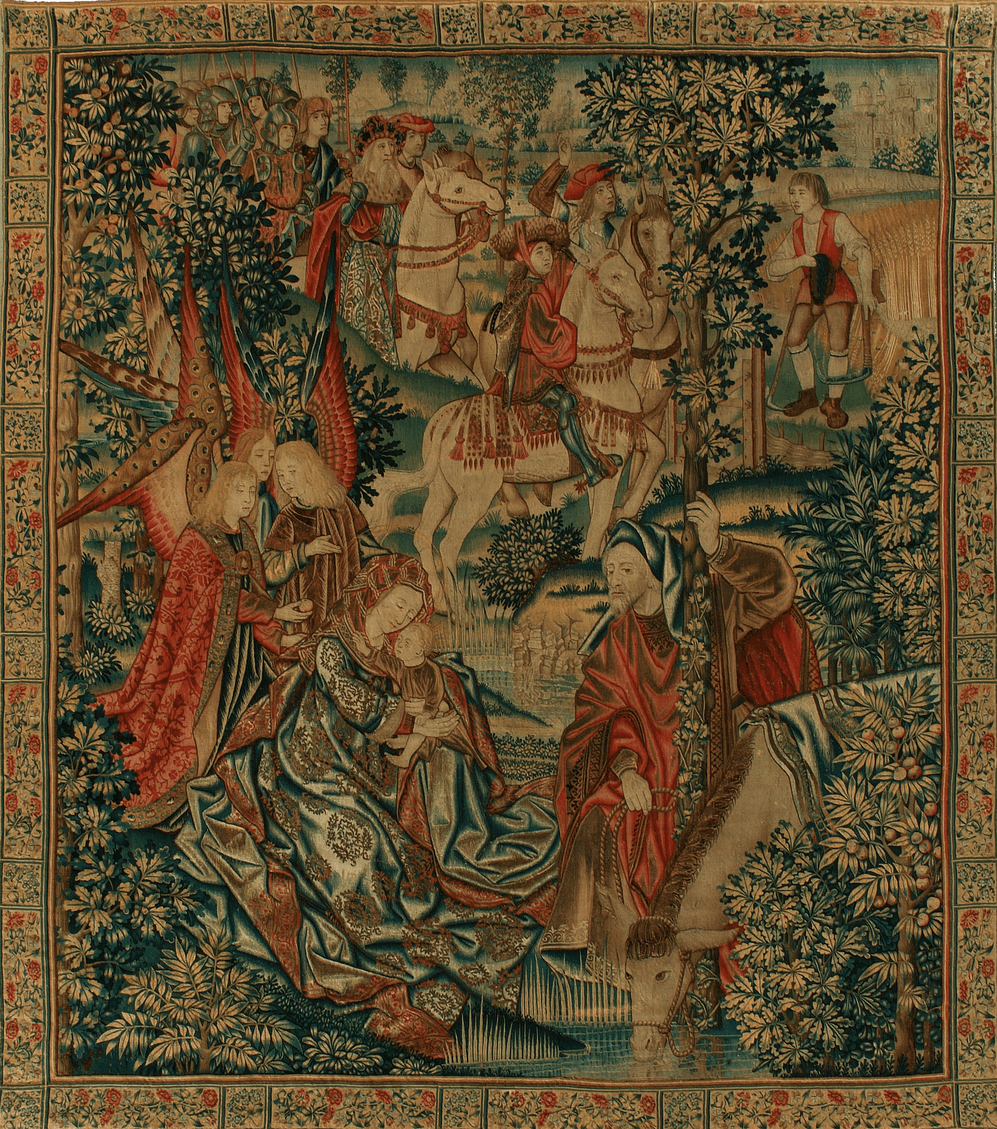 Classic 15th Century Flemish Tapestry Depicting The Flight into Egypt with Richly Detailed Biblical Scene and Ornamental Border RE167719