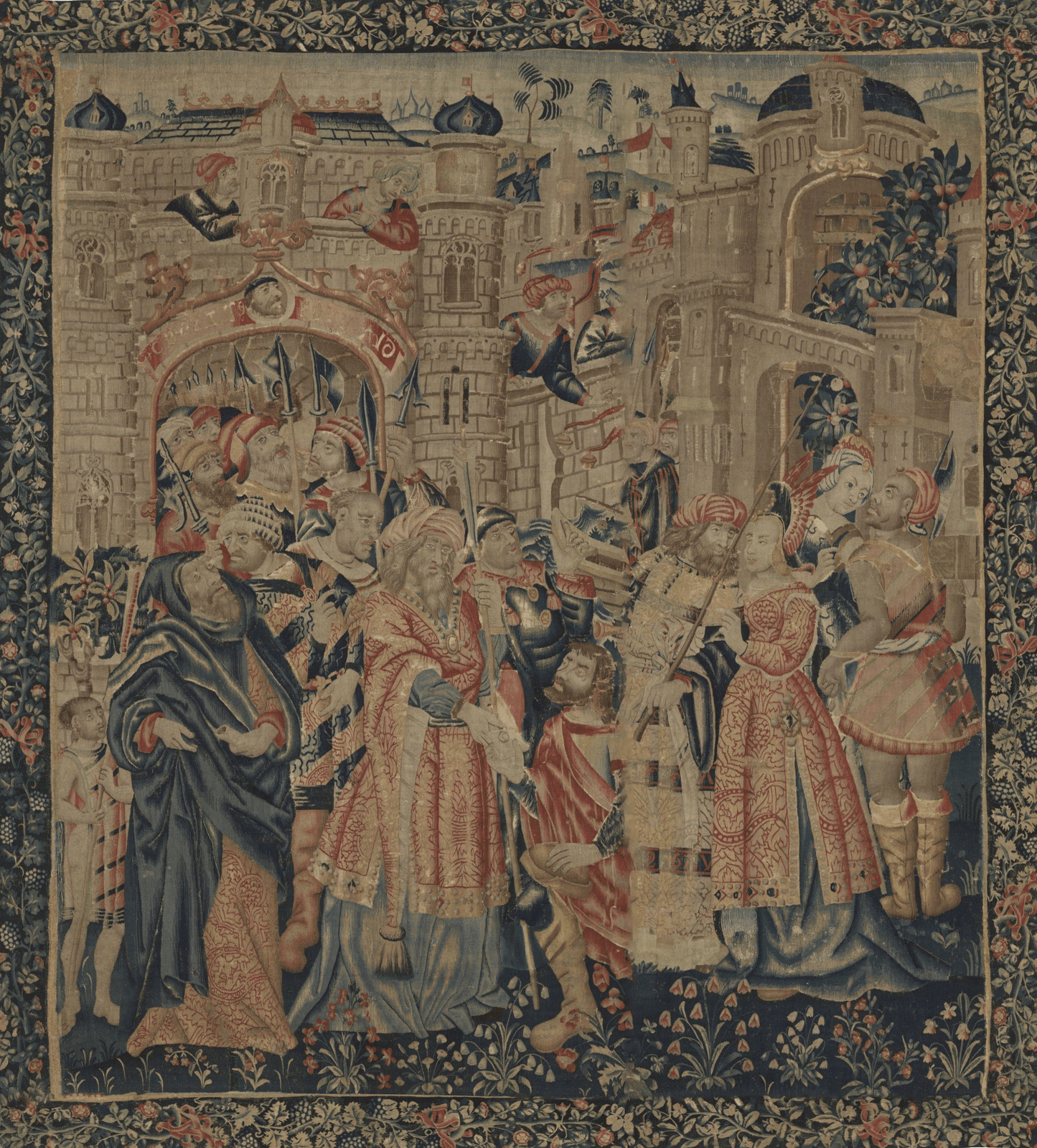 Dim 16th Century Flemish Tapestry Depicting The Triumph of Joseph with Architectural Grandeur and Courtly Figures RE238276