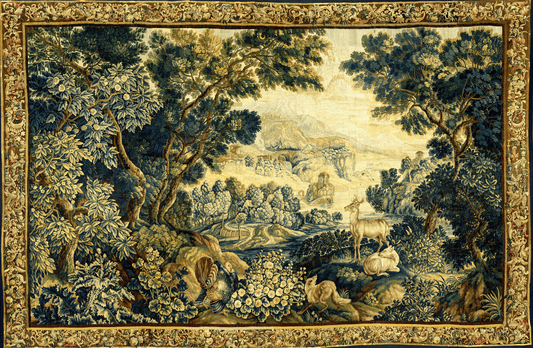 This captivating image is of a woven tapestry reproduction, which artfully captures a bucolic scene bursting with vitality. It depicts a peaceful landscape where wildlife, including a majestic stag and playful rabbits, roam freely amongst lush foliage and blooming flowers. A serene river flows gracefully in the background, drawing the eye toward a distant village nestled amongst rolling hills, all under a soft, pastel sky.