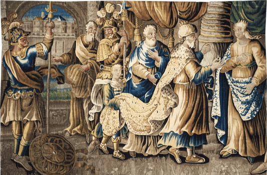 Coronation Splendor: A Reproduction of a Late 17th Century Flemish Historical Tapestry Depicting a Regal Scene with Elaborate Costumes and Architectural Background RE018438