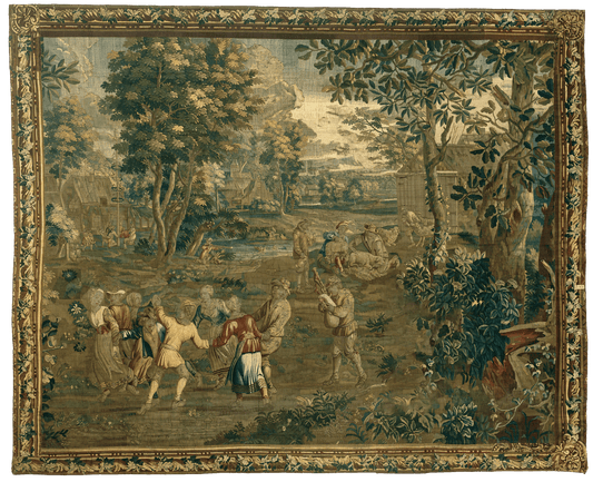 Exquisite 17th-Century Flemish Tapestry: Bucolic Village Dance Scene - A Celebration of Rural Life RE024958