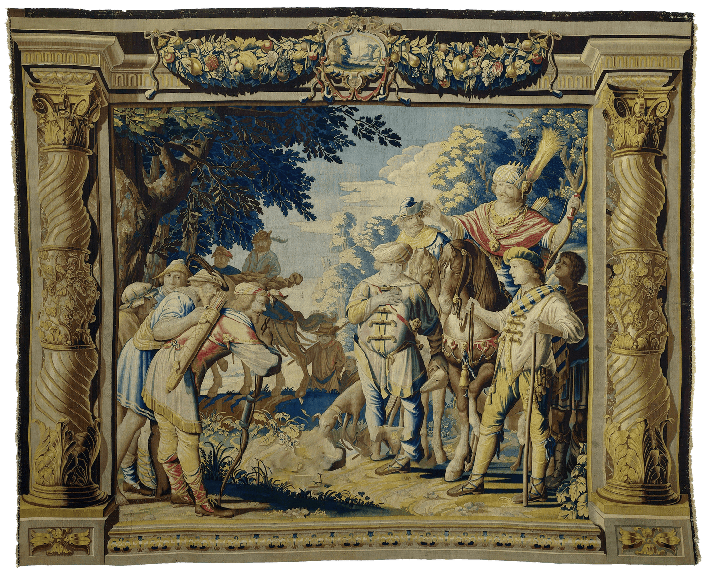 18th-Century French Tapestry: Noble Hunting Party with Aristocrats and Exotic Attire - A Celebration of Leisure and Prestige RE040516