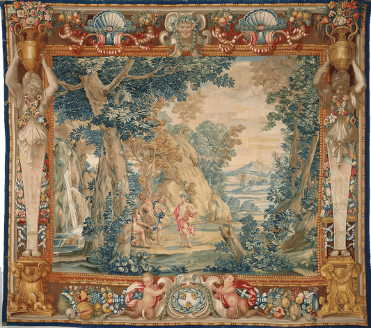 Classical Elegance: A Detailed Reproduction of a Late 17th Century Flemish Tapestry Featuring a Mythological Scene with Ornate Architectural Borders and Lavish Flora RE302948