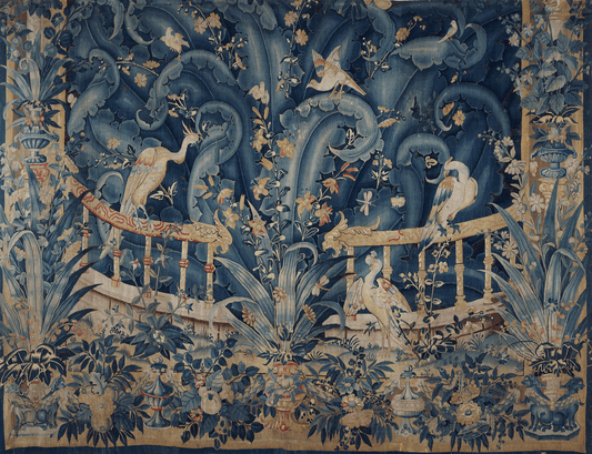 Serene Large Leaf Aviary: A Detailed Reproduction of a Late 17th Century Flemish Verdure Tapestry Featuring Exotic Birds Amidst Flourishing Flora with Elaborate Floral Border RE466493