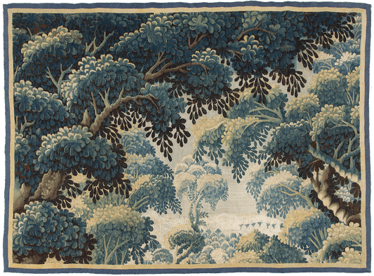 Forest Canopy: A Detailed Reproduction of a Late 17th Century Flemish Verdure Tapestry Featuring a Dense Woodland Scene with Layered Foliage in Vivid Greens and Blues RE586066