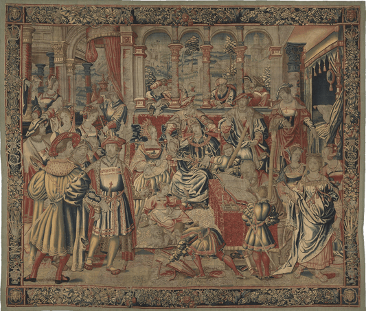 Regal Banquet: A Reproduction of an Early 16th Century Flemish Renaissance Tapestry Depicting a Lavish Court Scene with Noble Figures and Intricate Architectural Background RE679854