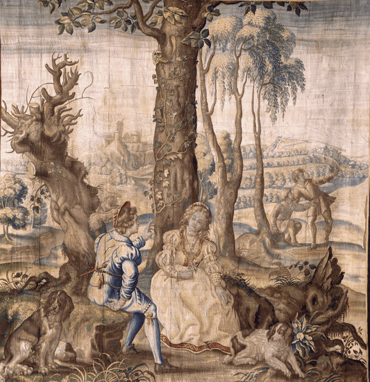 17th Century Flemish Tapestry Depicting Pastoral Romance with Elegant Figures in Bucolic Landscape RE742208
