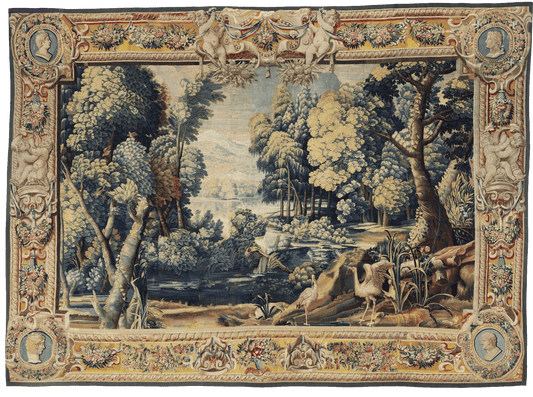 Exquisite 17th-Century Verdure Tapestry: Lush Woodland Scene with Exotic Birds and Ornate Cherub Border - A Masterpiece of Nature-Inspired Artistry RE747189