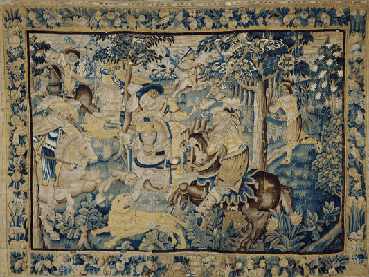 Royal Hunt: A Detailed Reproduction of a 17th Century Flemish Tapestry from Brussels Featuring an Elaborate Hunting Scene with Floral and Fruit Borders RE779180